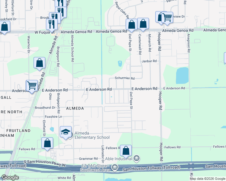 map of restaurants, bars, coffee shops, grocery stores, and more near 13719 Milan Drive in Houston