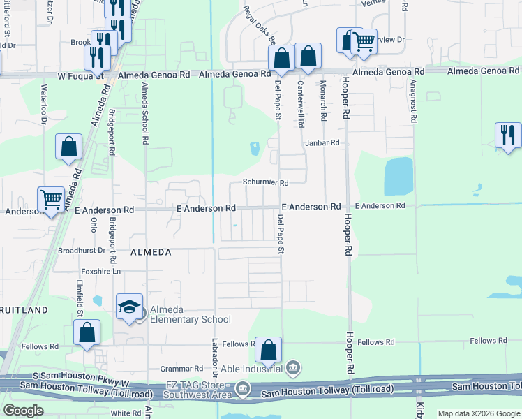 map of restaurants, bars, coffee shops, grocery stores, and more near 13714 Merida Drive in Houston
