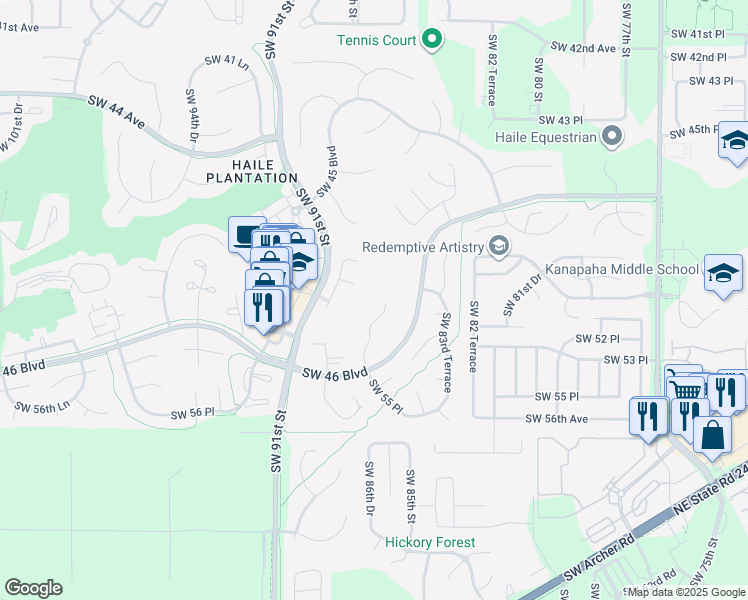 map of restaurants, bars, coffee shops, grocery stores, and more near 8711 Southwest 50th Road in Gainesville