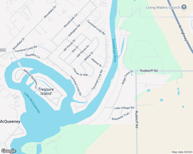 map of restaurants, bars, coffee shops, grocery stores, and more near 2100 Terminal Loop Road in McQueeney