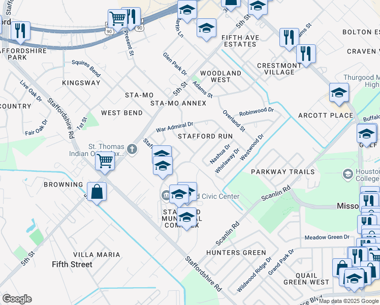 map of restaurants, bars, coffee shops, grocery stores, and more near 638 Easy Jet Drive in Stafford