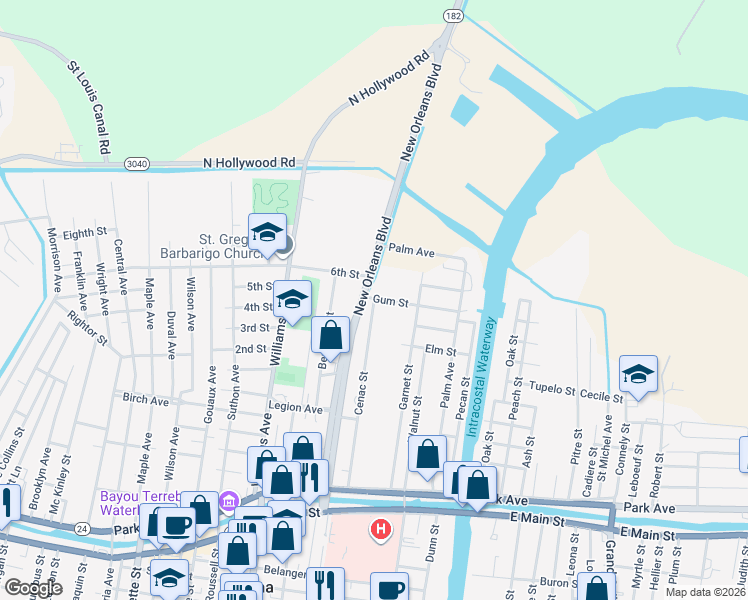 map of restaurants, bars, coffee shops, grocery stores, and more near 398 Cenac St in Houma