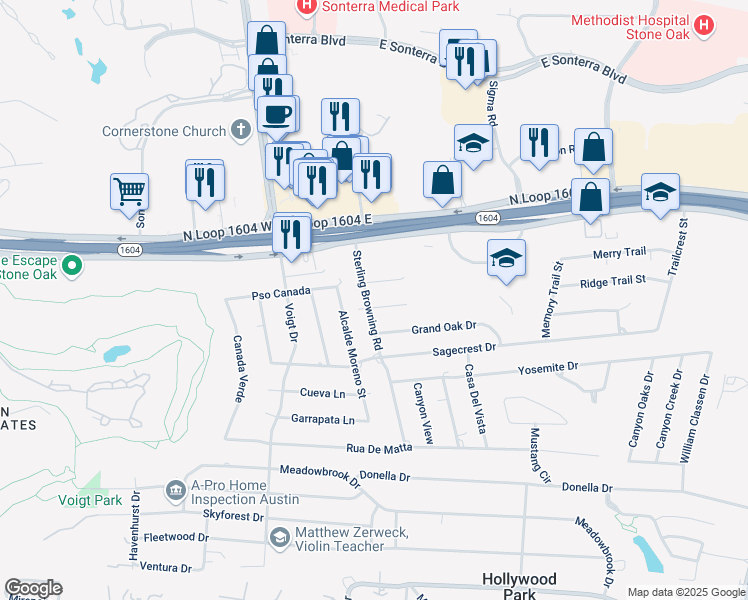 map of restaurants, bars, coffee shops, grocery stores, and more near 116 Northoak Drive in San Antonio