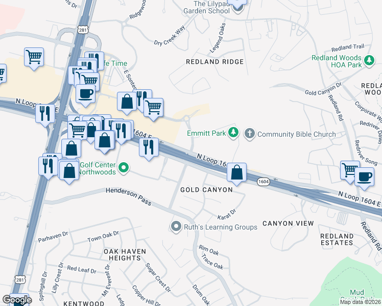 map of restaurants, bars, coffee shops, grocery stores, and more near 2424 Gold Canyon Road in San Antonio