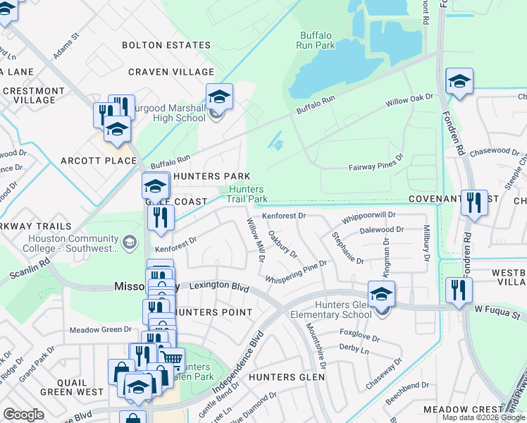map of restaurants, bars, coffee shops, grocery stores, and more near 1002 Kenforest Drive in Missouri City