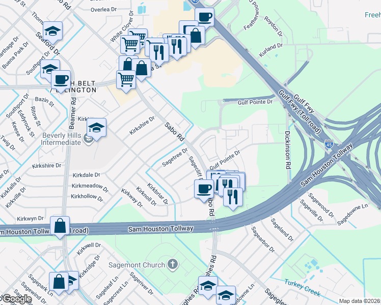 map of restaurants, bars, coffee shops, grocery stores, and more near 10623 Sagetree Drive in Houston
