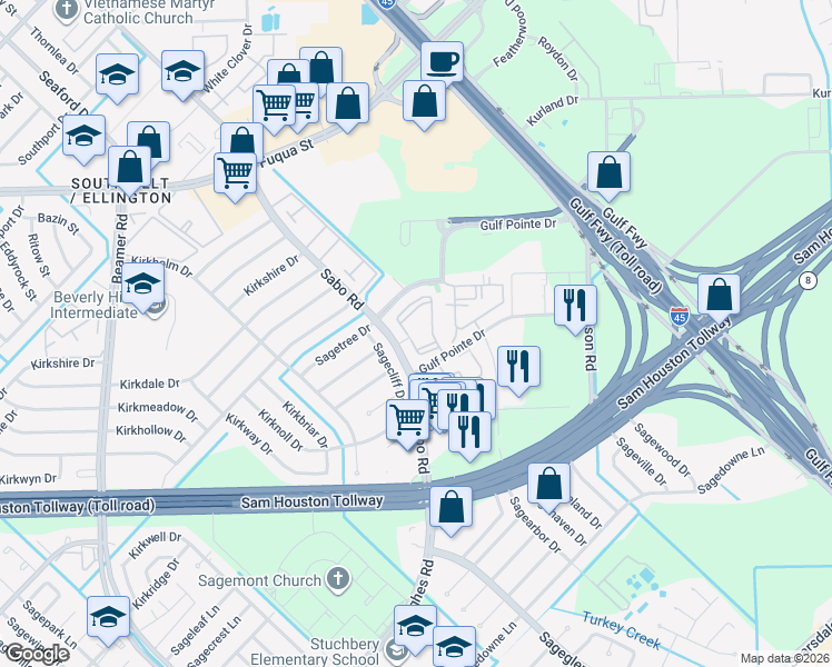 map of restaurants, bars, coffee shops, grocery stores, and more near 12055 Sabo Road in Houston
