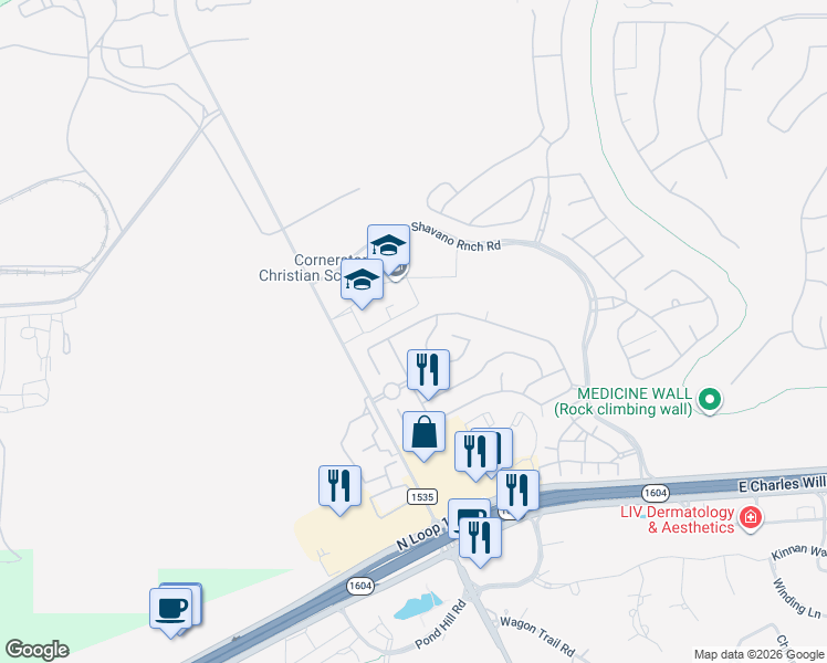 map of restaurants, bars, coffee shops, grocery stores, and more near 18330 Muir Glen Drive in San Antonio