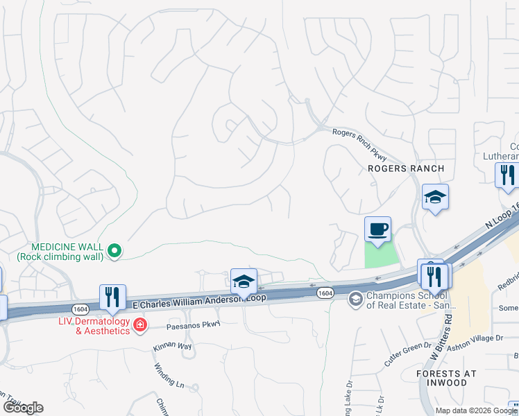 map of restaurants, bars, coffee shops, grocery stores, and more near 17815 Rockside Drive in San Antonio