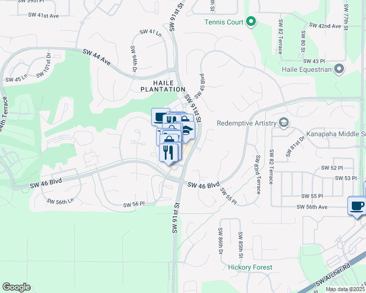 map of restaurants, bars, coffee shops, grocery stores, and more near 5204 Southwest 91 Terrace in Gainesville