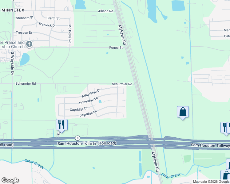 map of restaurants, bars, coffee shops, grocery stores, and more near 6734 Atlasridge Drive in Houston