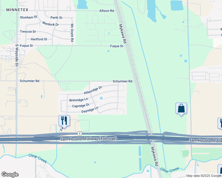 map of restaurants, bars, coffee shops, grocery stores, and more near 6734 Atlasridge Drive in Houston