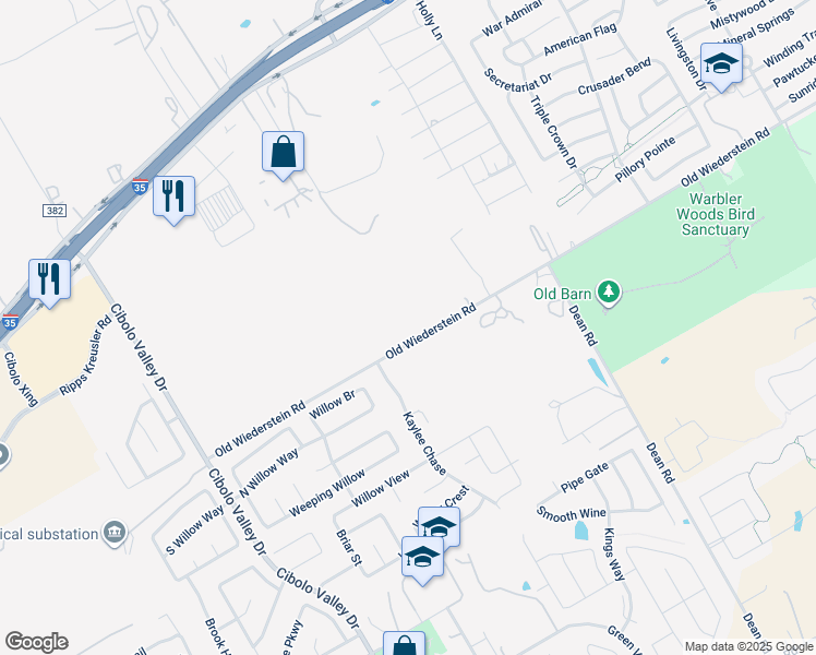 map of restaurants, bars, coffee shops, grocery stores, and more near 18446 Old Wiederstein Road in Schertz
