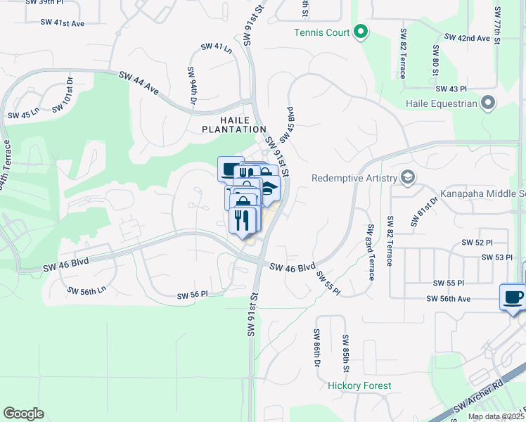 map of restaurants, bars, coffee shops, grocery stores, and more near 9119 Southwest 52nd Avenue in Gainesville