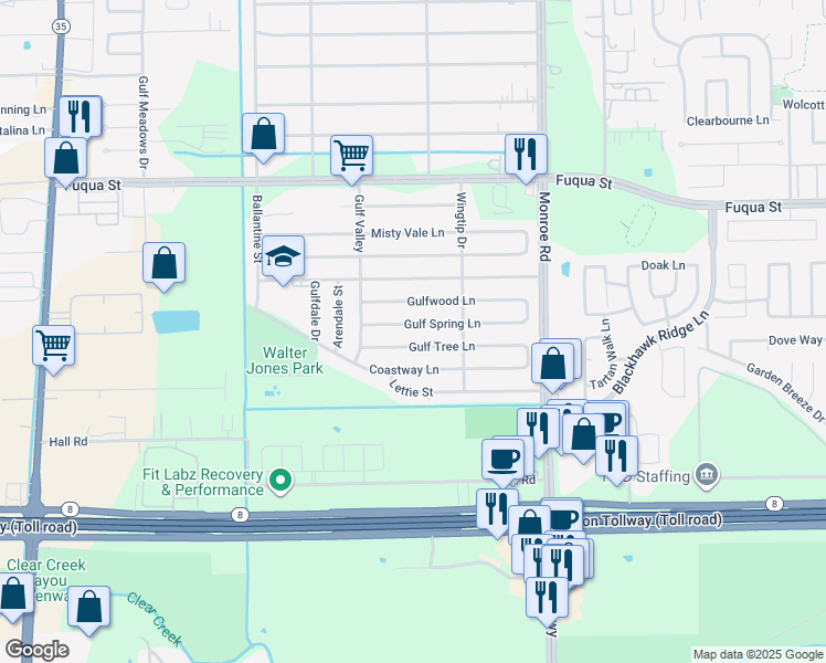 map of restaurants, bars, coffee shops, grocery stores, and more near 8311 Gulf Spring Lane in Houston