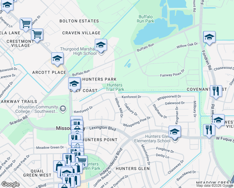 map of restaurants, bars, coffee shops, grocery stores, and more near 1002 Kenforest Drive in Missouri City