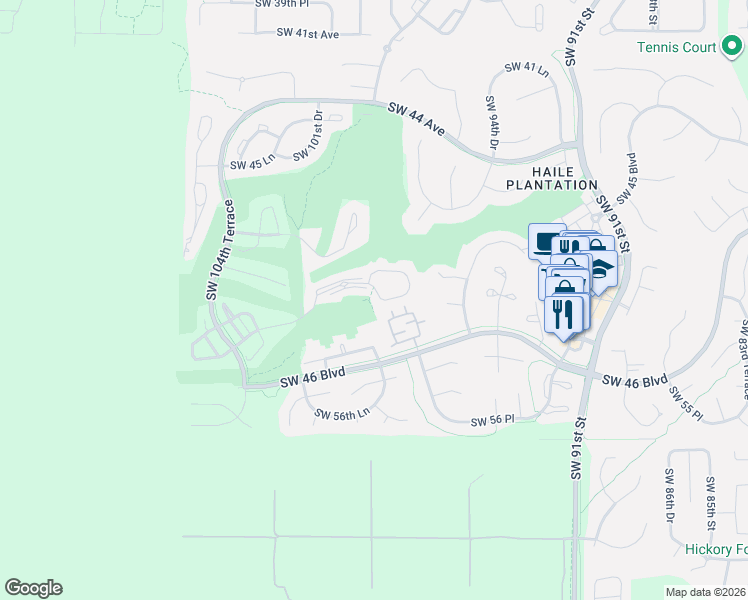 map of restaurants, bars, coffee shops, grocery stores, and more near 10000 Southwest 52nd Avenue in Gainesville