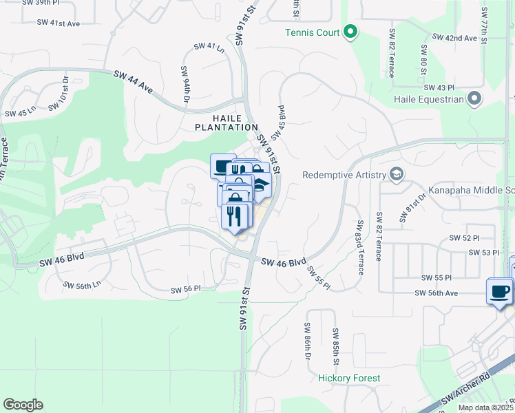 map of restaurants, bars, coffee shops, grocery stores, and more near 9116 Southwest 51st Road in Gainesville