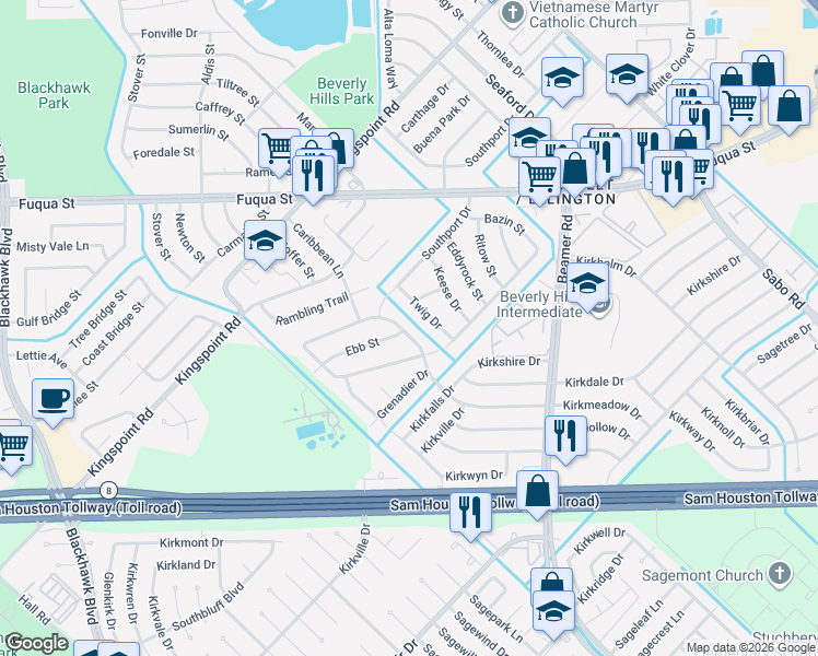map of restaurants, bars, coffee shops, grocery stores, and more near 10906 Twig Drive in Houston