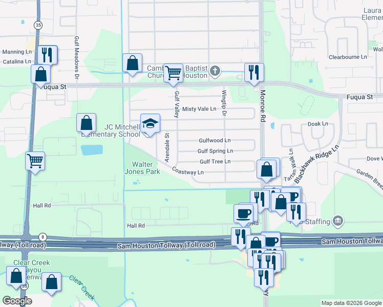 map of restaurants, bars, coffee shops, grocery stores, and more near 8219 Gulf Spring Lane in Houston