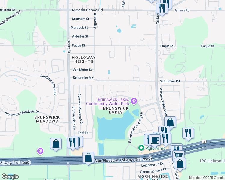 map of restaurants, bars, coffee shops, grocery stores, and more near 3822 Saint Simon Manor Drive in Houston