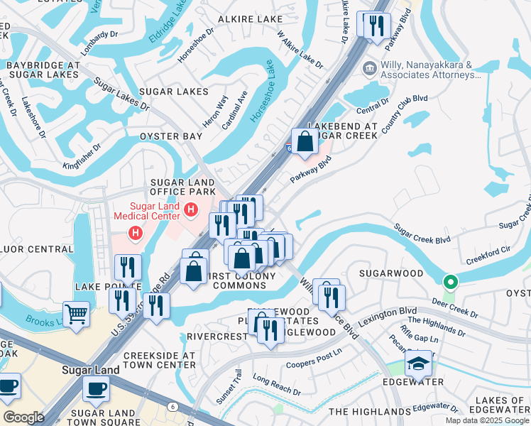 map of restaurants, bars, coffee shops, grocery stores, and more near 1601 Country Club Boulevard in Sugar Land