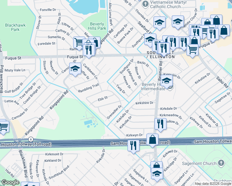 map of restaurants, bars, coffee shops, grocery stores, and more near 10906 Twig Drive in Houston