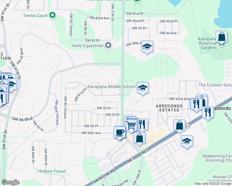 map of restaurants, bars, coffee shops, grocery stores, and more near 7520 Southwest 51st Boulevard in Gainesville