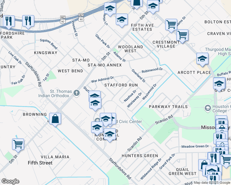 map of restaurants, bars, coffee shops, grocery stores, and more near 638 Easy Jet Drive in Stafford