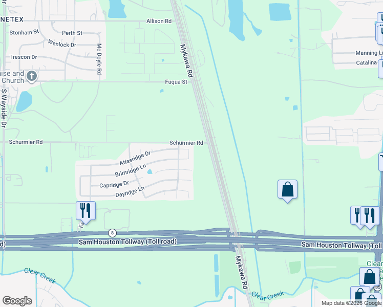 map of restaurants, bars, coffee shops, grocery stores, and more near 13906 Rimple Bend Lane in Houston