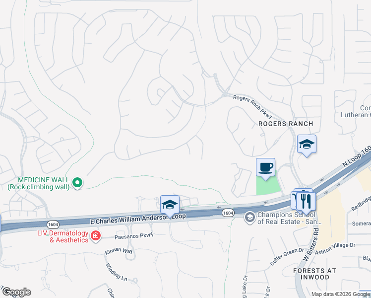 map of restaurants, bars, coffee shops, grocery stores, and more near 17815 Rockside Drive in San Antonio