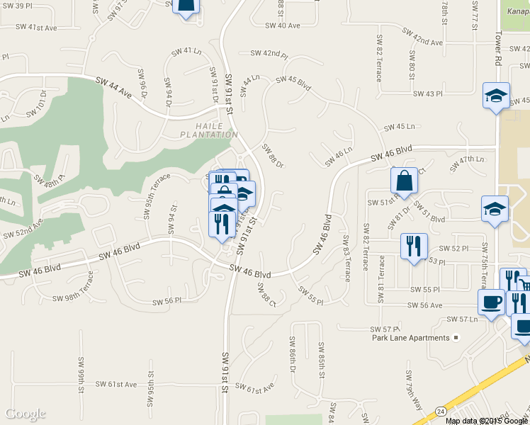 map of restaurants, bars, coffee shops, grocery stores, and more near 5108 Southwest 88 Terrace in Gainesville