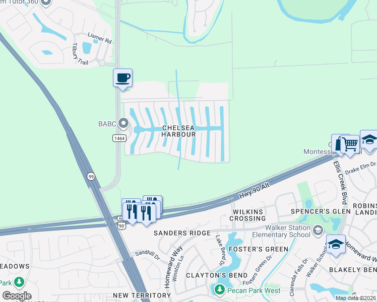map of restaurants, bars, coffee shops, grocery stores, and more near 14411 Castlemaine Court in Sugar Land
