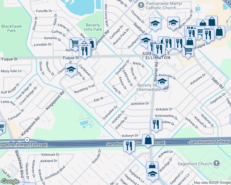 map of restaurants, bars, coffee shops, grocery stores, and more near 10906 Twig Drive in Houston