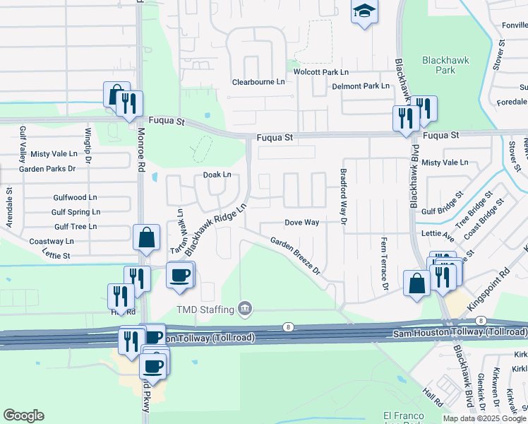 map of restaurants, bars, coffee shops, grocery stores, and more near 9026 Mercury Cove Court in Houston