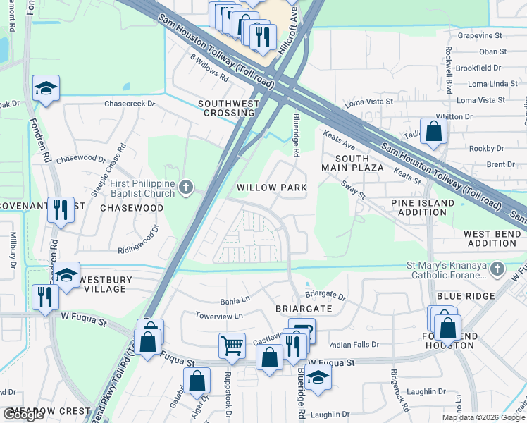 map of restaurants, bars, coffee shops, grocery stores, and more near 7311 Chasewood Drive in Missouri City