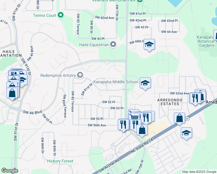 map of restaurants, bars, coffee shops, grocery stores, and more near 7713 Southwest 50th Road in Gainesville