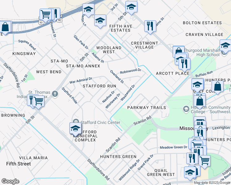 map of restaurants, bars, coffee shops, grocery stores, and more near 2011 Nashua Drive in Stafford