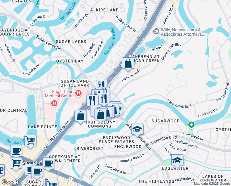 map of restaurants, bars, coffee shops, grocery stores, and more near 1601 Country Club Boulevard in Sugar Land