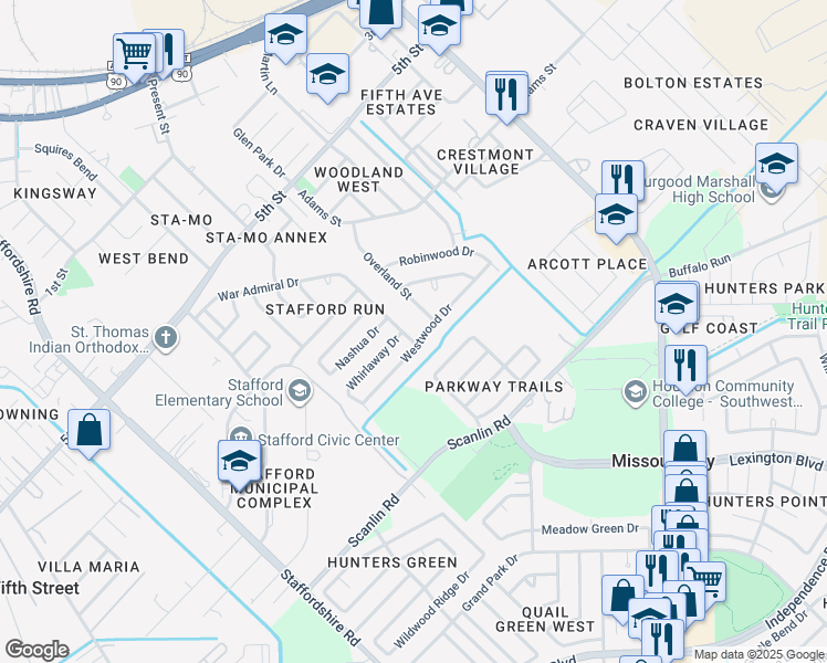 map of restaurants, bars, coffee shops, grocery stores, and more near 923 Citation Dr in Stafford