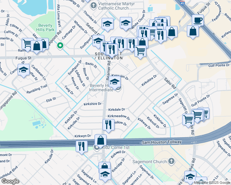 map of restaurants, bars, coffee shops, grocery stores, and more near 11111 Beamer Road in Houston