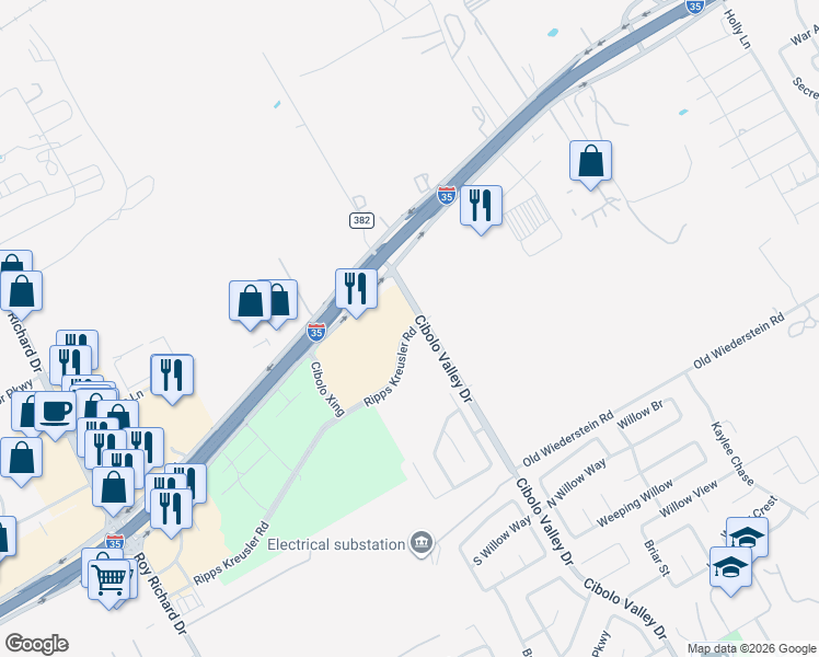 map of restaurants, bars, coffee shops, grocery stores, and more near 18384 Interstate 35 in Schertz