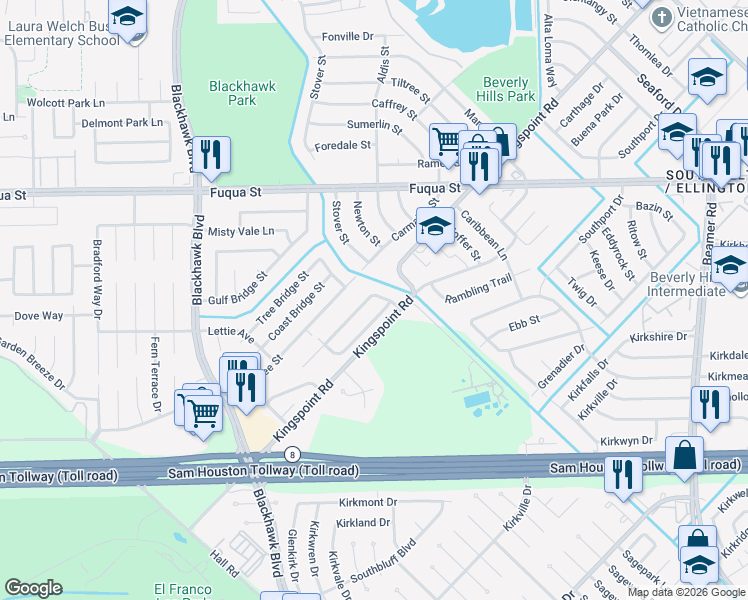 map of restaurants, bars, coffee shops, grocery stores, and more near 9530 Kingsvalley Drive in Houston