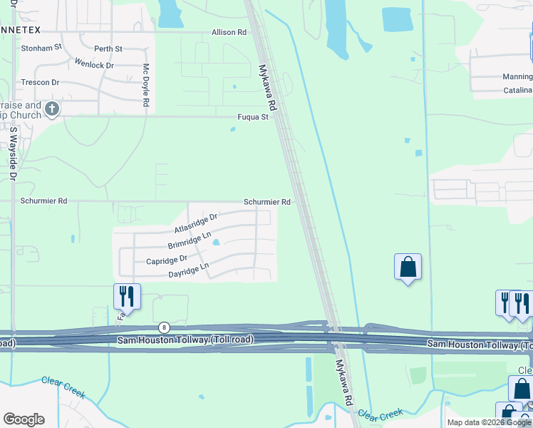 map of restaurants, bars, coffee shops, grocery stores, and more near 13906 Rimple Bend Lane in Houston
