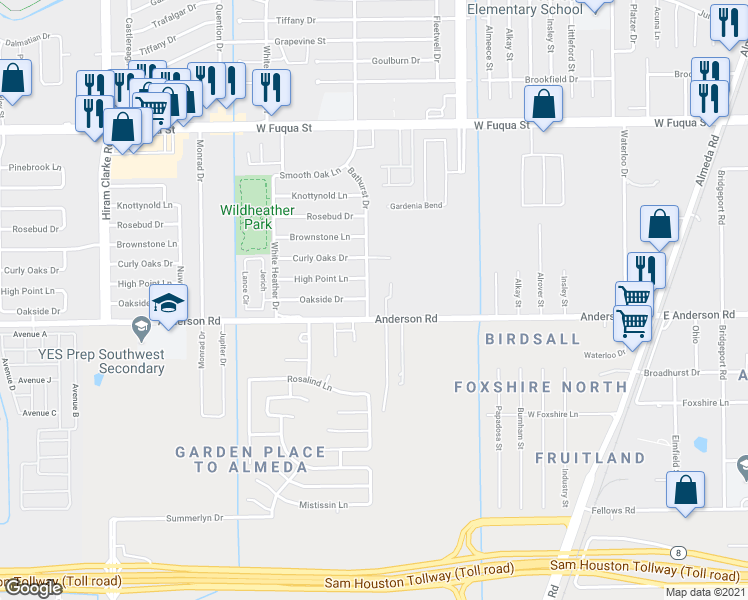 map of restaurants, bars, coffee shops, grocery stores, and more near 15119 Bathurst Drive in Houston