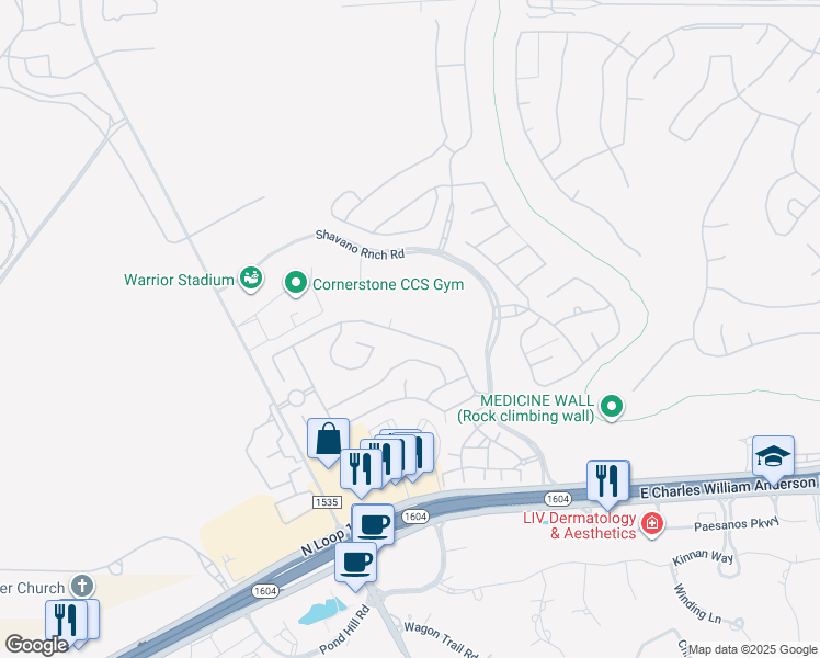 map of restaurants, bars, coffee shops, grocery stores, and more near 18138 Muir Glen Drive in San Antonio