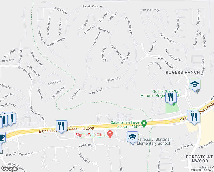 map of restaurants, bars, coffee shops, grocery stores, and more near 3203 Ivory Creek in San Antonio