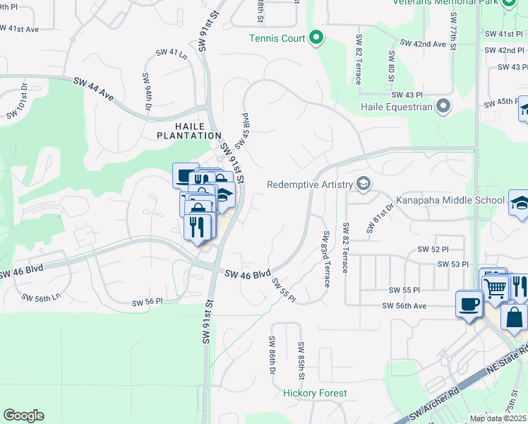 map of restaurants, bars, coffee shops, grocery stores, and more near 8711 Southwest 50th Road in Gainesville