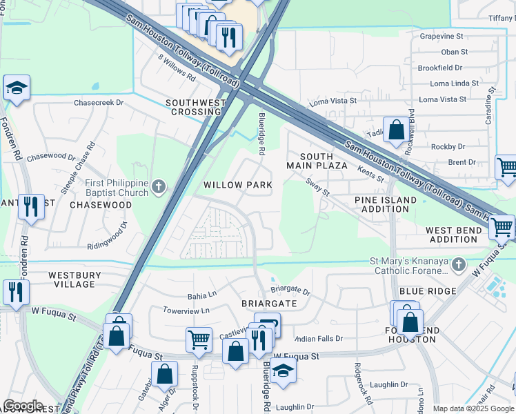 map of restaurants, bars, coffee shops, grocery stores, and more near 7030 Roberson Road in Missouri City