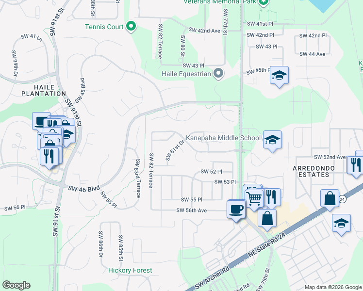 map of restaurants, bars, coffee shops, grocery stores, and more near 8032 Southwest 51 Lane in Gainesville